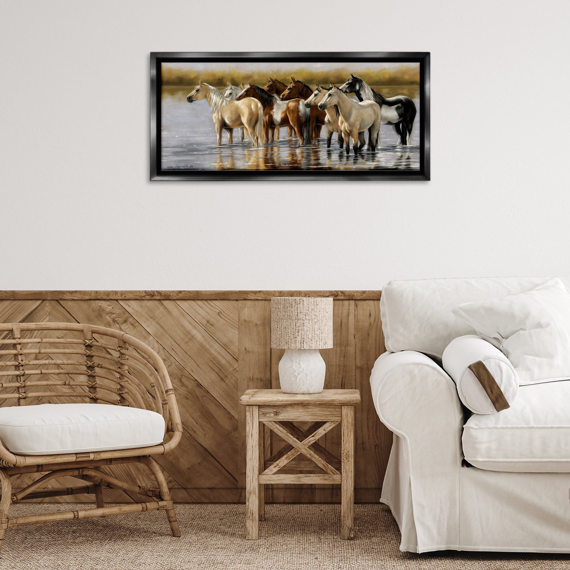 Stupell Industries Horse Herd Splashing Animals & Insects Painting Black Floater Framed Canvas Art Print Wall Art, 31 x 14