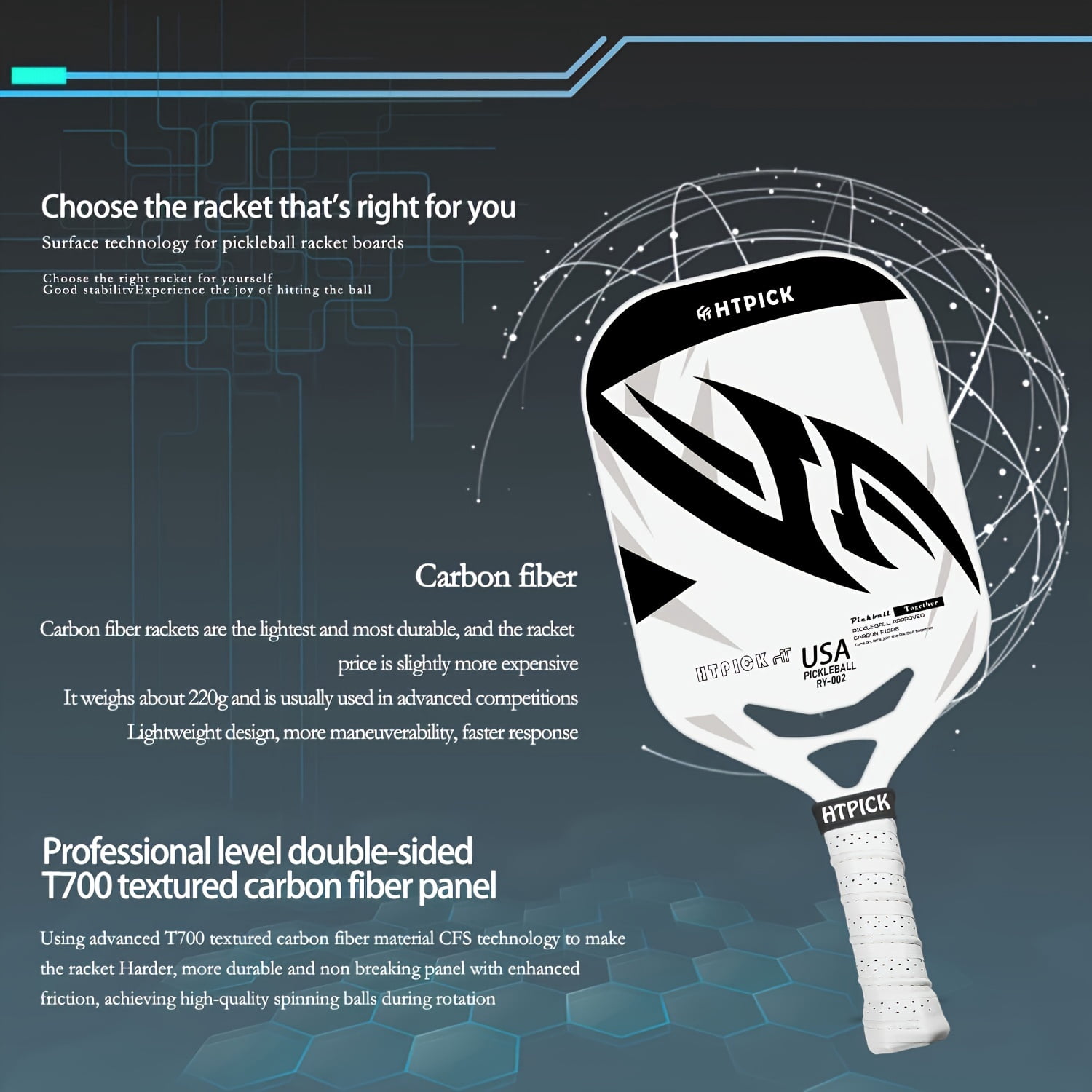 Carbon fiber pickup racket with air throat, hot formed pickup racket for power and control, 14mm polypropylene honeycomb core, textured carbon sand surface