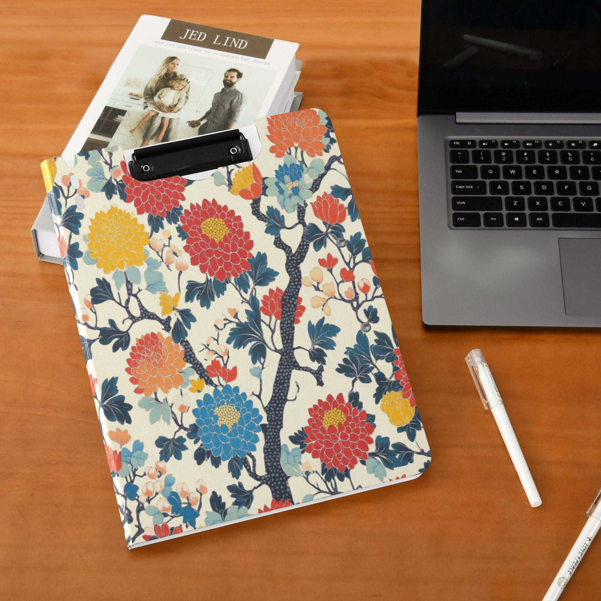 FORMRS A4 Clipboard Folder with Pen Holder Horizontal Foldable School Office Binder, Vibrant Japanese Flowers
