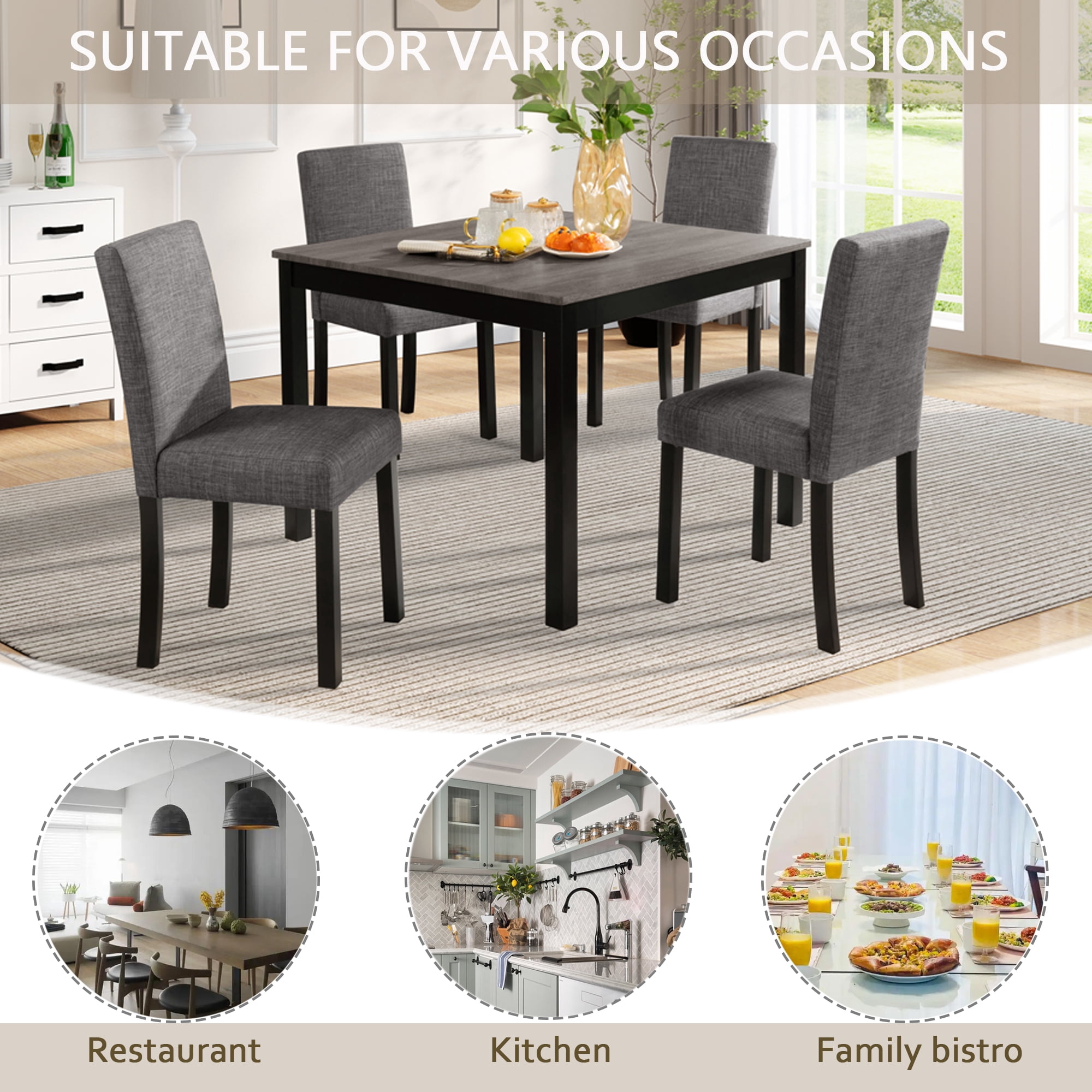 MAYEERTY 5-Piece Dining Table Set 4 Chairs Wooden Style for Kitchen Dining Room Light Grey & Black