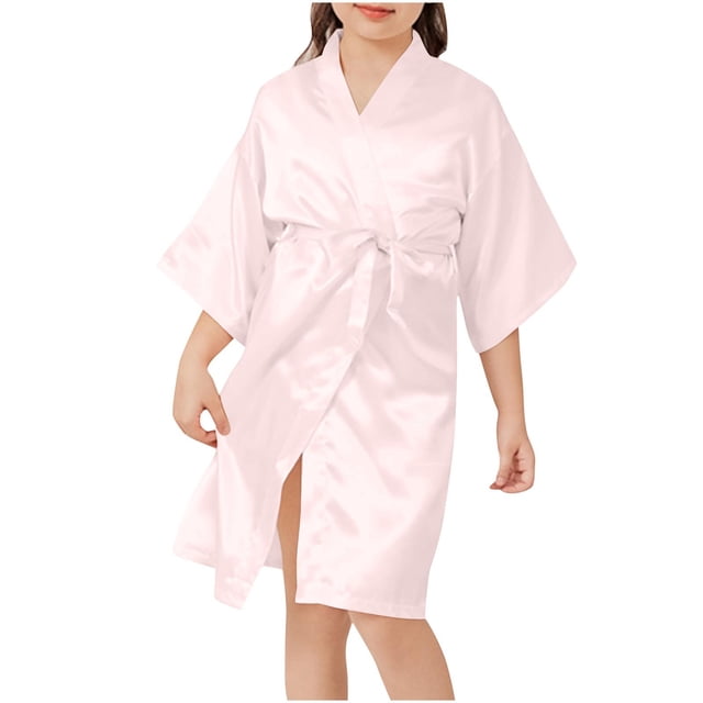 2025 Kid's Girls Silky Satin Solid Color Short Kimono Robe For Wedding Birthday 2-14 Years Rose Gold