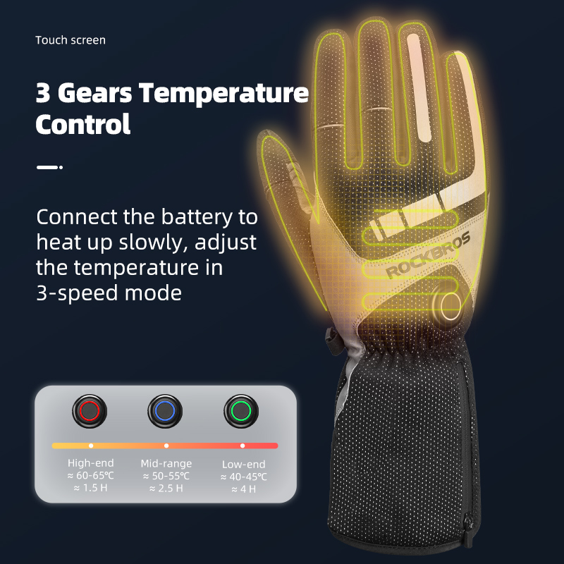 ROCKBROS Electric Winter Heating Gloves Rechargeable Thermal Mittens Cycling Gloves with Hidden Pocket Design Touchscreen Sensitive Waist Hook 3 Gear Adjustment Gloves