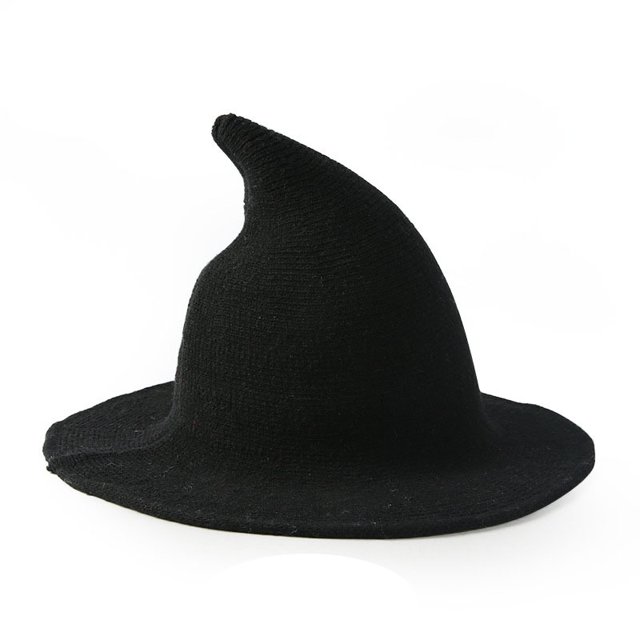 Moda para mujer Sombreros puntiagudos de bruja de ala grande de lana linda Gorra de cubo de color sólido de mago de punto, negro JM