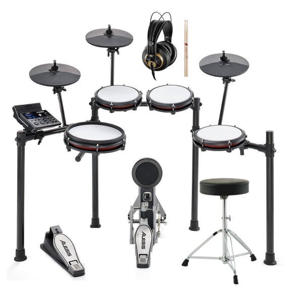 Alesis Nitro Max 8-Piece Electronic Drum Kit with Studio Headphones, On Stage Drum Throne and Hickory Drumsticks Bundle