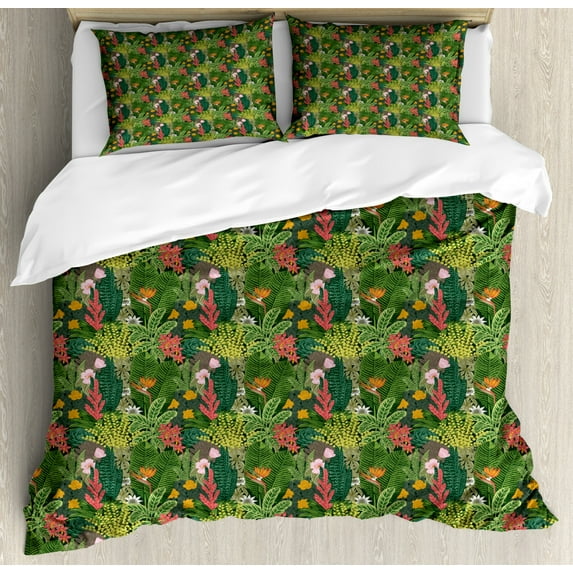 Leaves Duvet Cover Set King Size, Vintage Pattern Classic Botanical Blossom Illustration with Assortment of Leaves, Decorative 3 Piece Bedding Set with 2 Pillow Shams, Multicolor, by Ambesonne