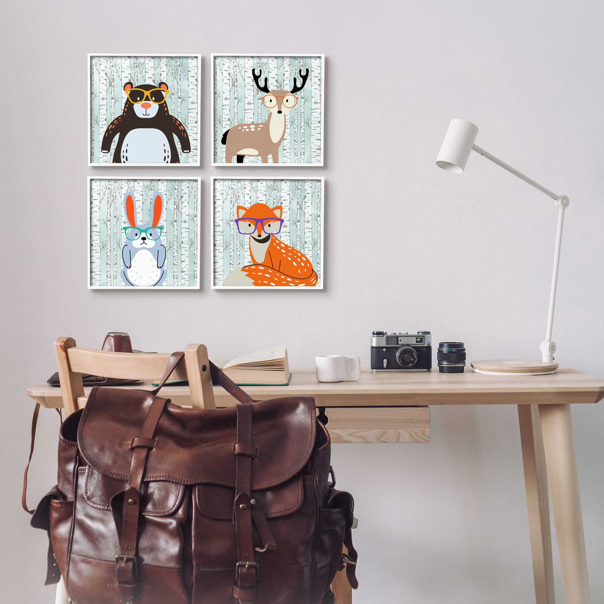 Stupell Industries Woodland Animals in Glasses Animals & Insects Painting White Framed Art Print Wall Art, 12 x 12, Set of 4