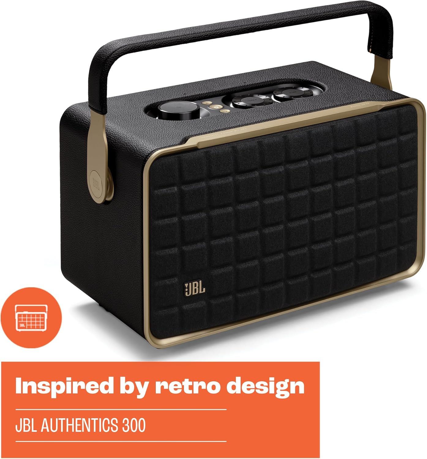Open Box JBL Authentics 300 - Retro Style Wireless Bluetooth/WiFi Home Speaker, Built in Battery (4800mAh), Music Streaming Services via Built-in Wi-Fi, Built in Alexa and Google Assistant (White/Gold)