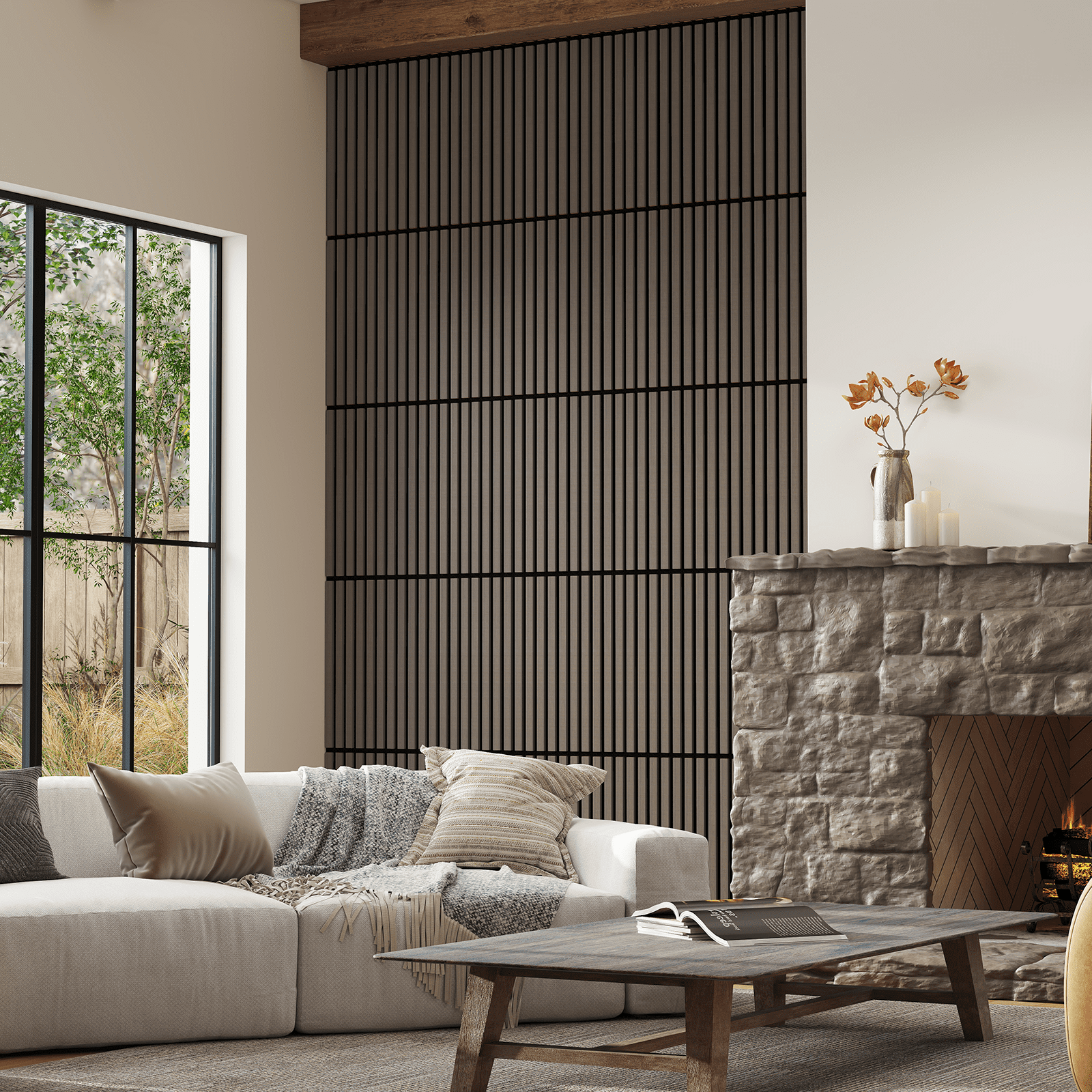 Upick Foldable Acoustic Wall Panels, 4 Pack 48" x 12.6" MDF Slat Wood Panels for Wall, Sound Absorbing Wall Panels for Interior Wall Decor, Dark Walnut