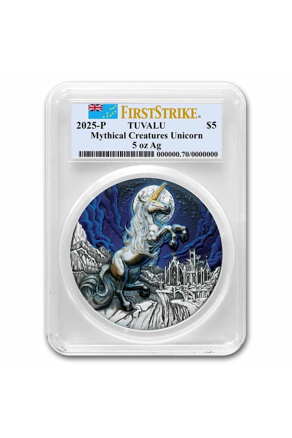 2025 TUV 5 oz Silver Colorized Unicorn Antiqued SP-70 PCGS HR FS