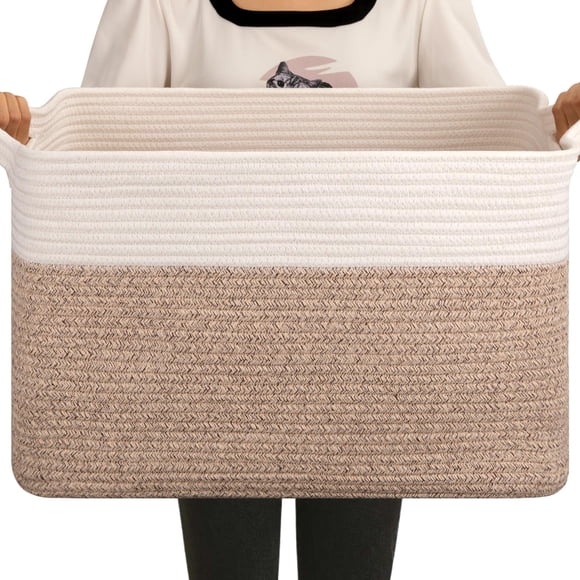 Cesta de manta OIAHOMY tejida con cuerda de algodón, 65 L, color marrón y blanco, 50 x 40 x 30 cm