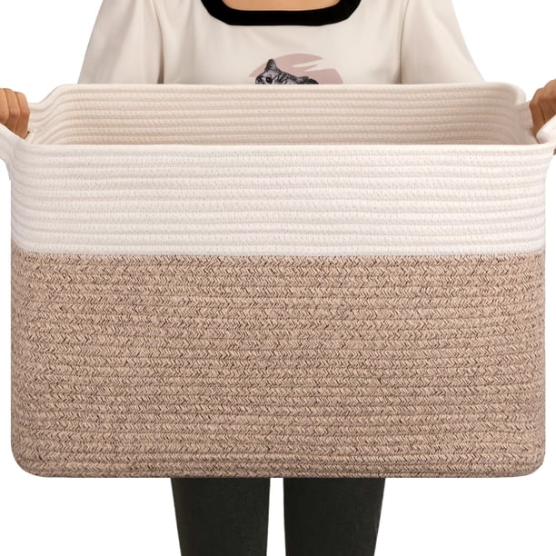 Cesta de manta OIAHOMY tejida con cuerda de algodón, 65 L, color marrón y blanco, 50 x 40 x 30 cm