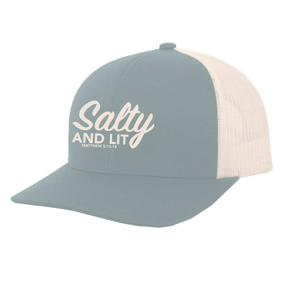 Trenz Shirt Company Christian Salty And Lit Matthew 5:13-14 Embroidered All White Mens Adjustable Snapback Mesh Back Trucker Hat, Blue/Beige