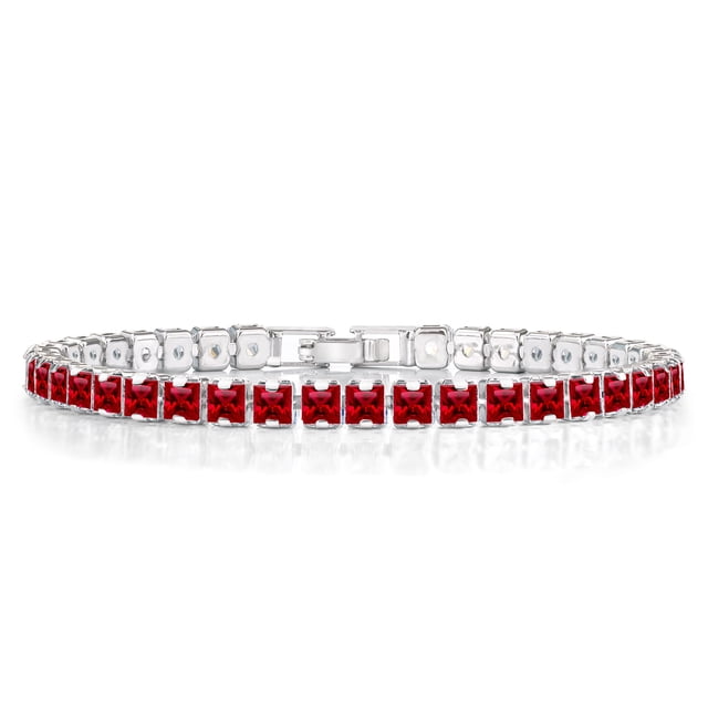 JeenMata Enorme Julio de Corte Princesa de 11 Quilates - Rubí - Pulsera de Tenis con Piedra Natal para Mujer Diseño de Eternidad - Chapado en Oro Blanco