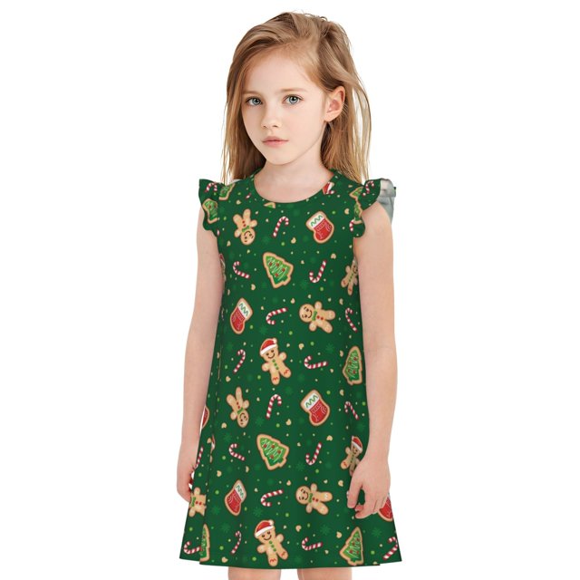 Fotbe green Christmas Element Vestido de Dormir para Niñas de 3 a 10 Años, Mangas Cortas, Estilo Princesa, Pijama Camisón con Mangas Voladas-X-Large