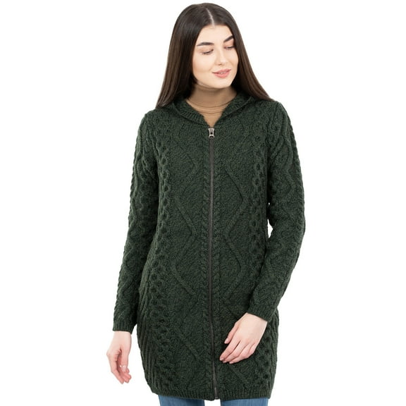 SAOL Aran Cable Knit Zip Hooded Coat 100% Merino Wool Women's Irish Fisherman Cardigan Sweater Made in Ireland