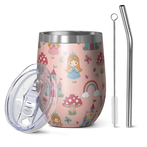 12oz Stemless Wine Tumblers Princess Mushroom Castle Pattern Vacuum Insulated Stainless Steel Travel Tumbler Cups Mug with Lid and Straw for Champaign,Cocktail,Beer with Cleaning Brush
