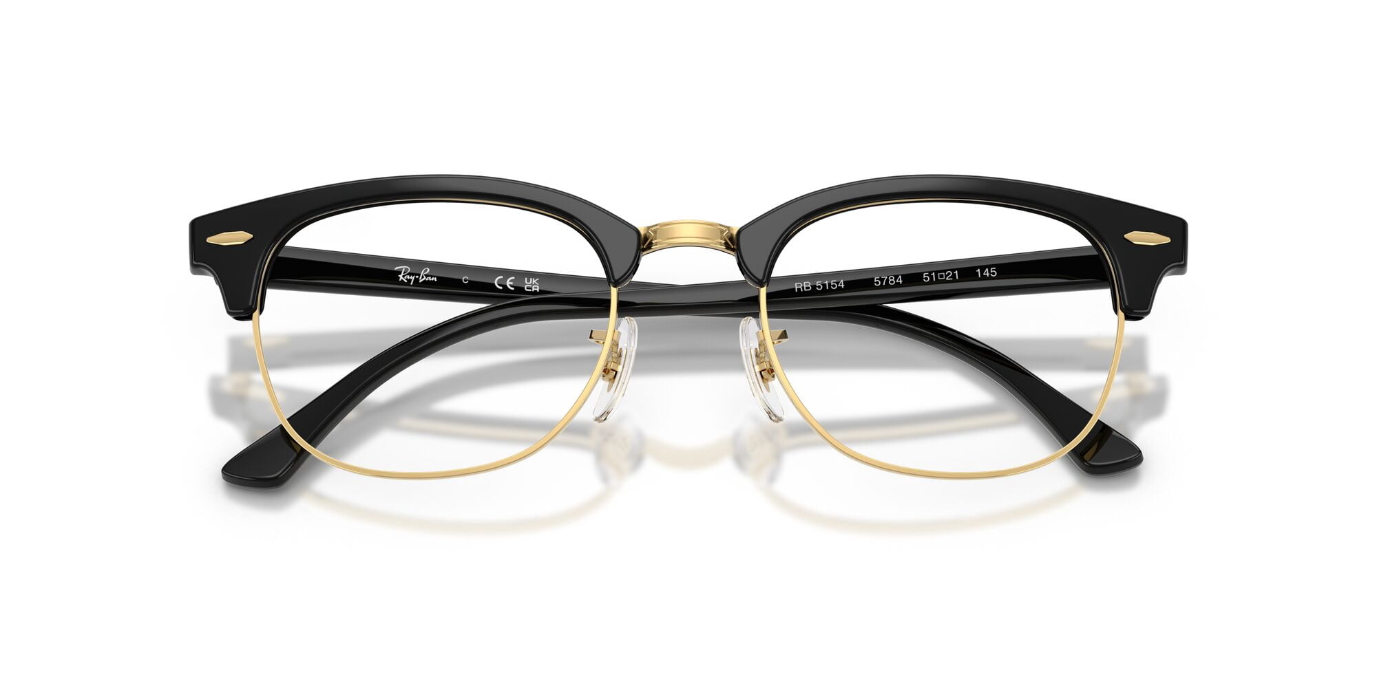 Ray-Ban Clubmaster Optics Glasses, Prescription Eyeglasses with Case, Transparent/Black On Gold, Size 53