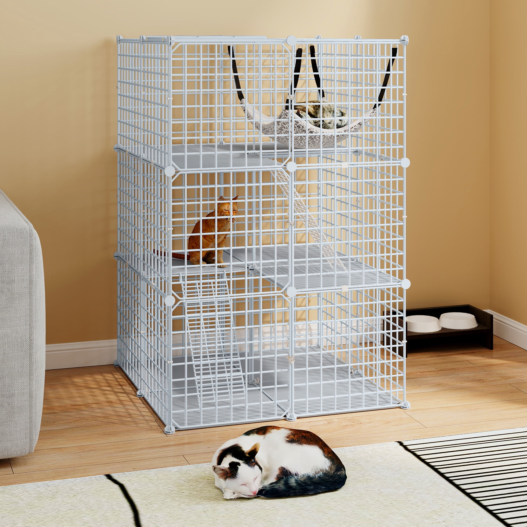 Uforic 41" Large 3-Tier Cat Cage with Extra Large Hammock - Indoor Metal Playpen for 1-2 Cats, White