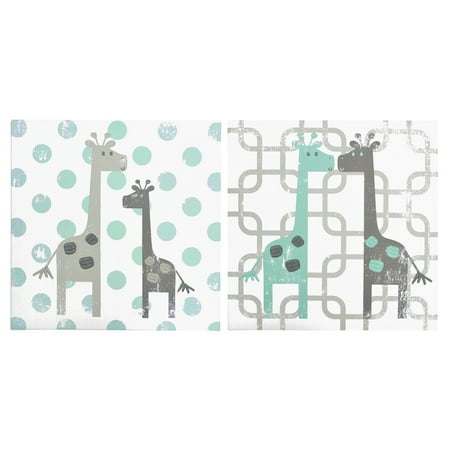 The Peanut Shell Canvas Wall Art - Distressed Grey and Mint Giraffes - Uptown Giraffe Nursery Wall Hangings - Set of Two