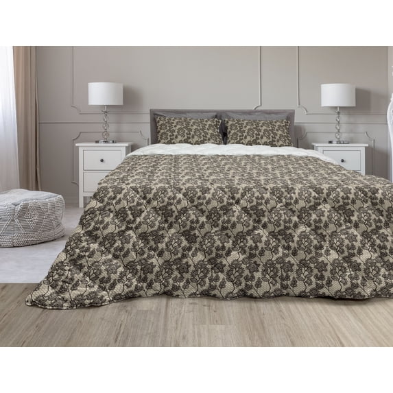 Vintage Comforter & Sham Bedding Set, Floral Composition with Doodle Leaves and Petals on Lacework Pattern Background, 3 pcs Duvet Set Microfiber Filling Quilt, 5 Sizes, Beige Brown, by Ambesonne