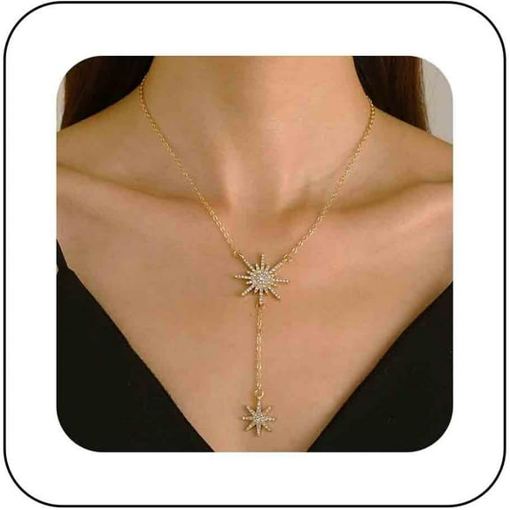 Bohemian Crystal Sunburst Choker Necklace Gold Starburst Y Lariat Necklace Cz Paved Sunburst Pendant Necklace Rhinestone Snowflake Chain Necklace Jewelry for Women Gifts