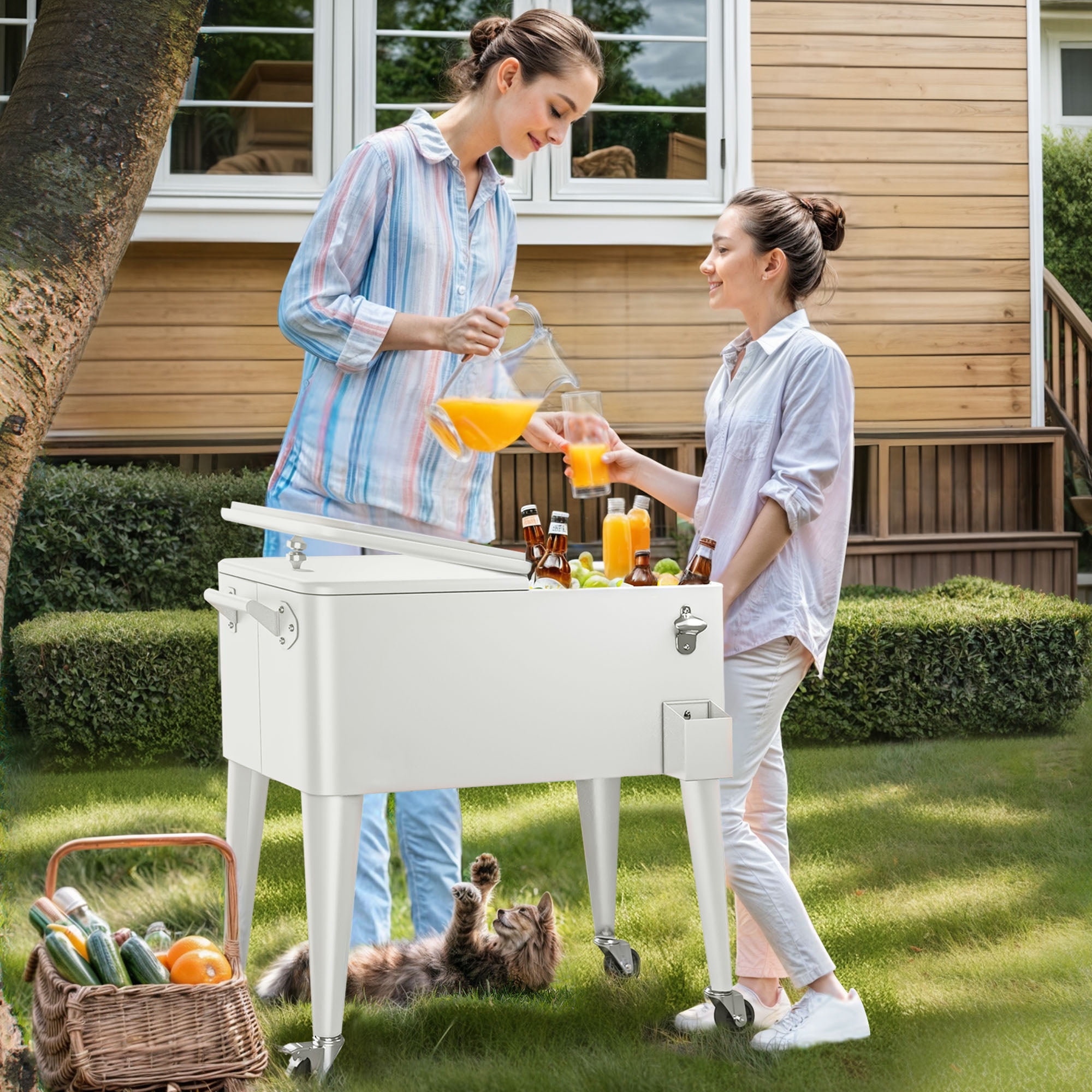 Uforic 80 Quart Rolling Ice Chest Cooler Cart,Outdoor Portable Beverage Cart with Bottle Opener & Drain, White