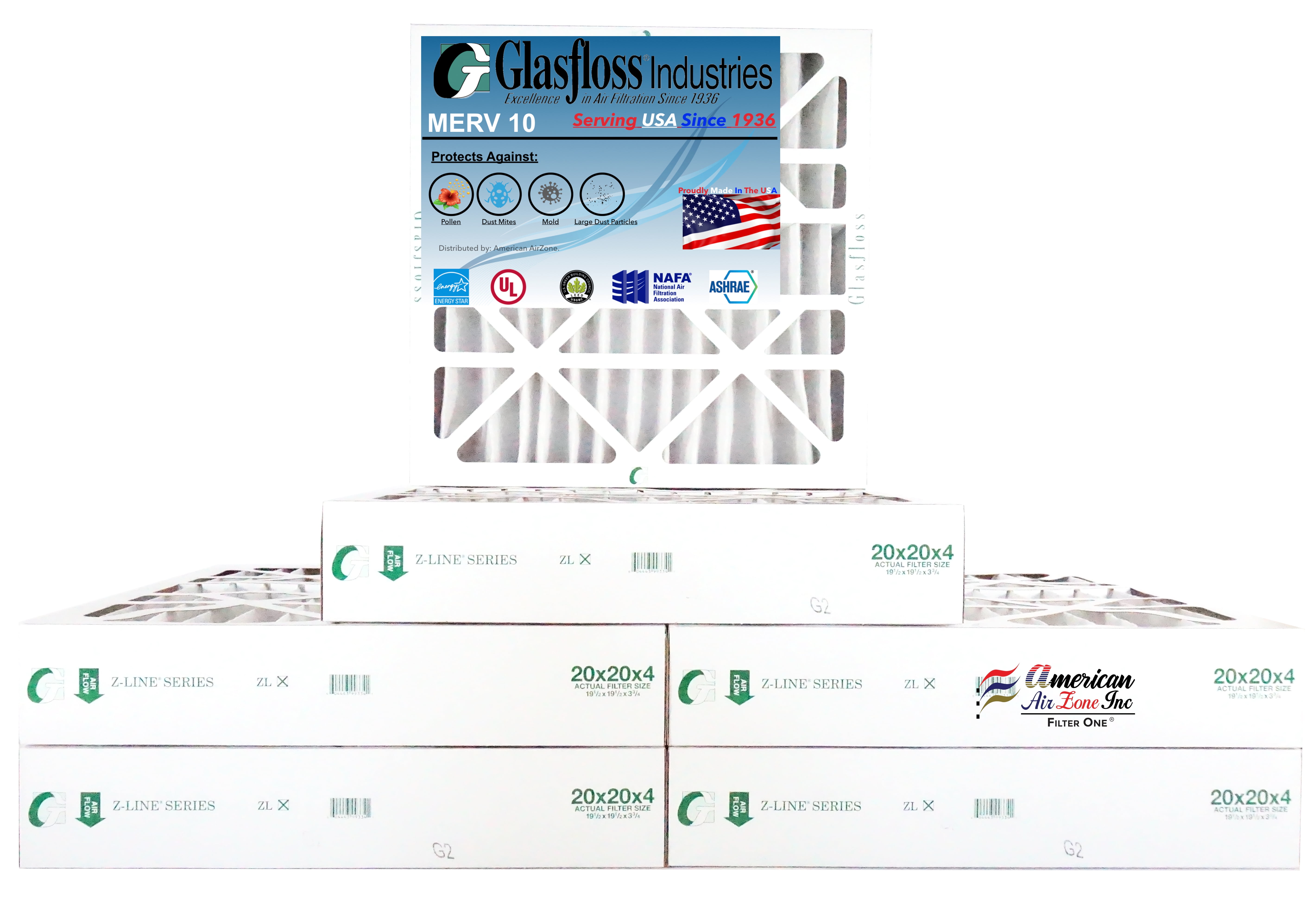 Glasfloss Air Filter 20x20x4 4" MERV 10 (Pack of 6) AC or HVAC