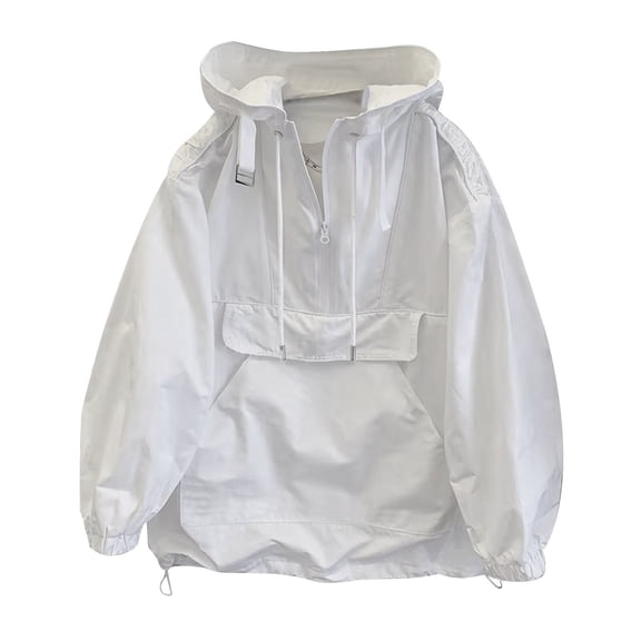 Wyobmus Unisex Windbreaker Jackets Casual Solid Half Zipper Cargo Coat Outdoor Loose Long Sleeve Jacket White