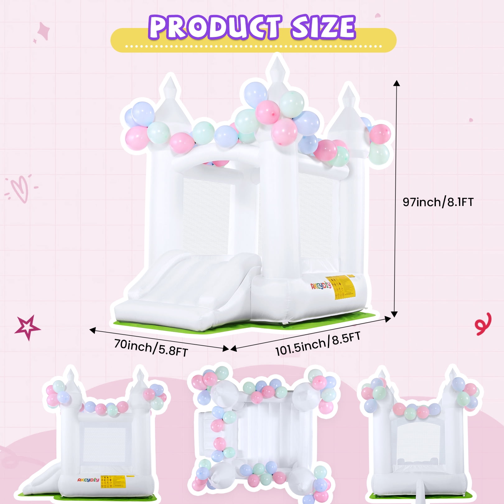 Adnoom Inflatable Bounce House for Kids 3~10, Bounce House with Slide, White Jumping Castle with 210D Ground Cloth, Bouncy House for Wedding, Party, Gift Decoration, Indoor & Outdoor, without Blower