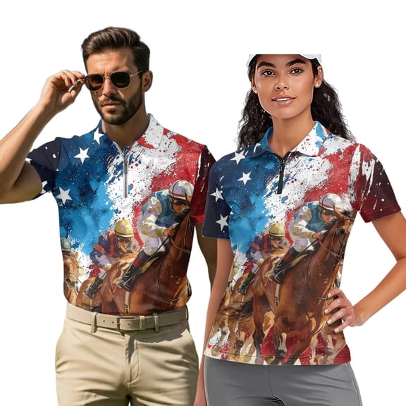 Binienty Watercolor USA Horse Matching Golf Shirts for Couples Soft Comfortable Shirts Couples Matching Outfits for Golf Running Sports ,Fashion Outing Wear for Couples