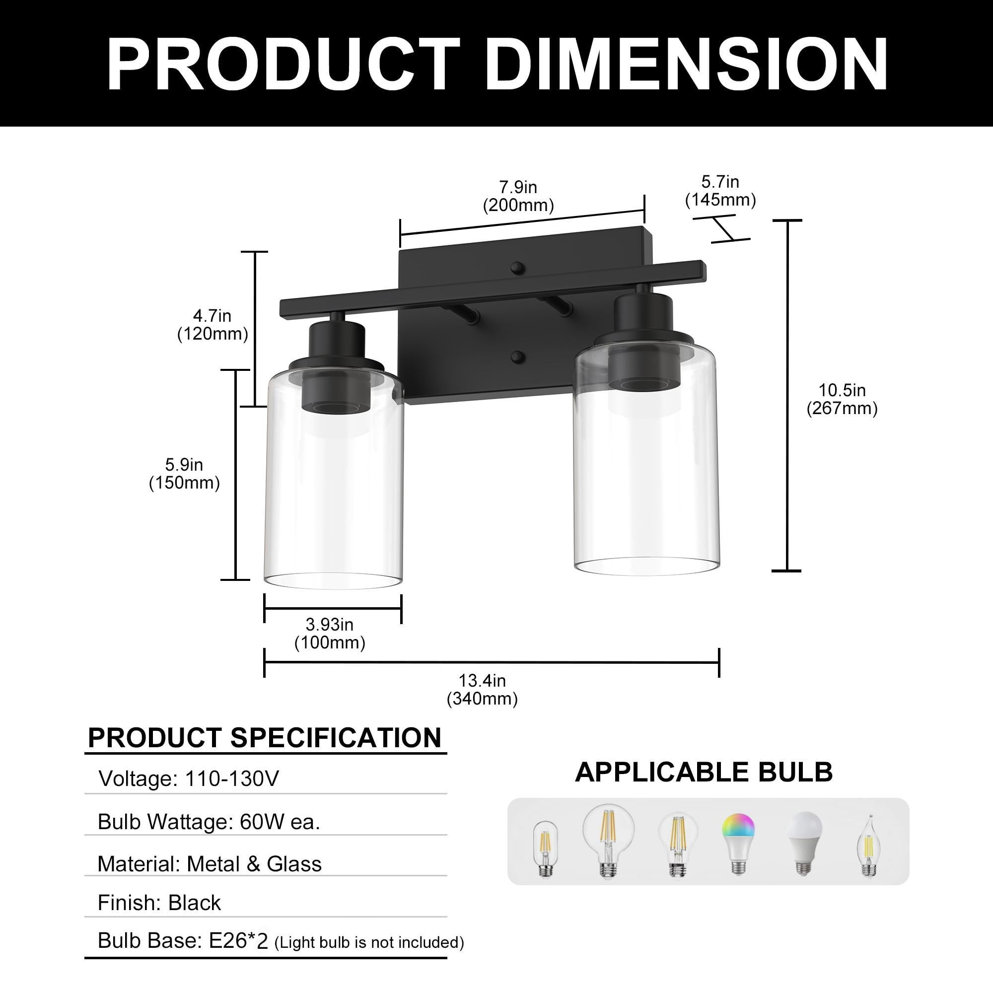YANSUN 13.4 in 2-Light Matte Black Industrial Bathroom Vanity Light with Clear Glass Shades, Vanity Light for Bathroom, Hallway, Mirror, Laundry Room
