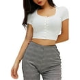 thumbnail image 3 of Douhoow Women Short Sleeve Knit Crop Top White V-neck Button Closure Slim Short Top, 3 of 8