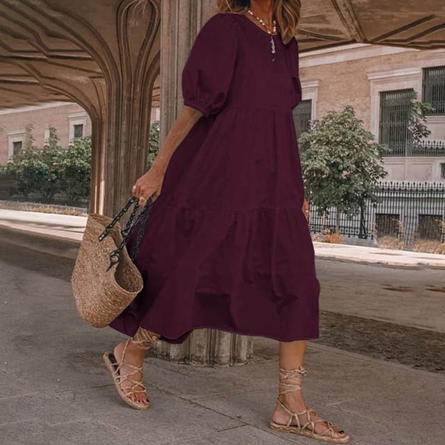 YUNAFFT Robes pour Femmes Liquidation Mode Femmes Ample Couleur Unie Col Rond Manches Bouffantes Robe Décontractée Manches Courtes Vente