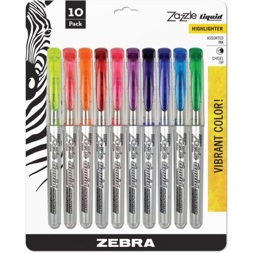 Zebra Pen Zazzle 10-color Fluorescent Highlighters Set Chisel Marker Point Style - Assorted Water Based Ink - Clear Barrel - 10 / Set