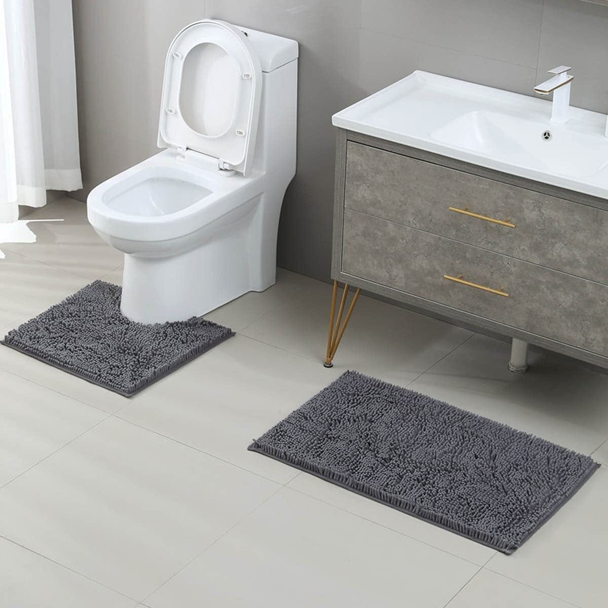 RUseeN Bathroom Rugs Sets 3 Piece Chenille Microfiber Bath Rug Non-Slip Bath Mats with Soft Plush PVC Backing Water Absorbent Carpet 1'' Quick Dry Microfiber Toilet Mat, Deep Gray