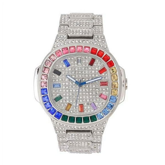 Charles Raymond Iced Out Mens Color on Blast Watch Single or Combo Sets with Blinged Out Bracelets Set. Iced Out Colourful Rainbow Flame Collection (ST10376 Silver)