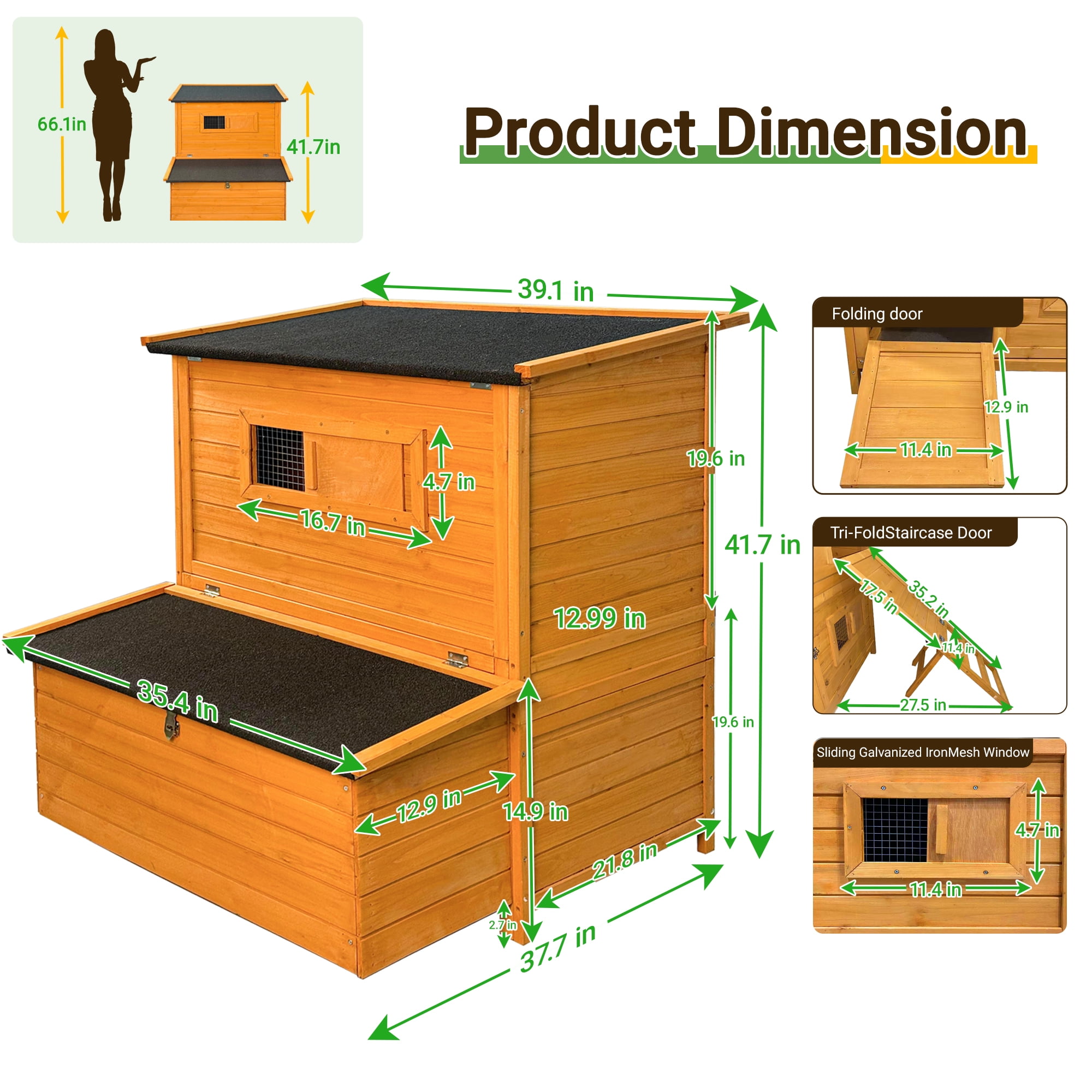 Chicken Coop, Double-House Wooden Chicken Coop For 6-8 Chickens With 3 Nesting Boxes And 2 Pull-Out Trays, Featuring A Foldable Ramp And Flip-Up Asphalt Roof