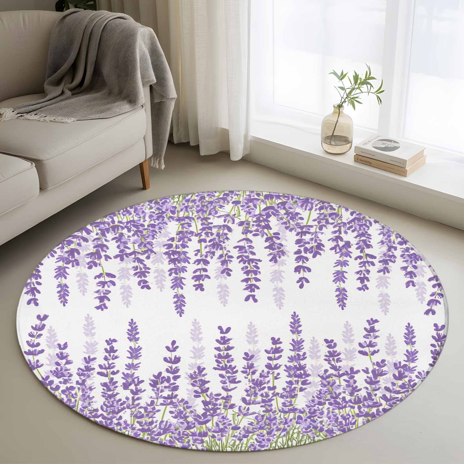 Round Area Rug 4ft Farm Lavender Gradient Purple Non-Shedding Washable Area Rug Watercolor Herb Wild Flower Non Slip Low-Profile Circle Rugs for Living Room Bedroom Dining Room