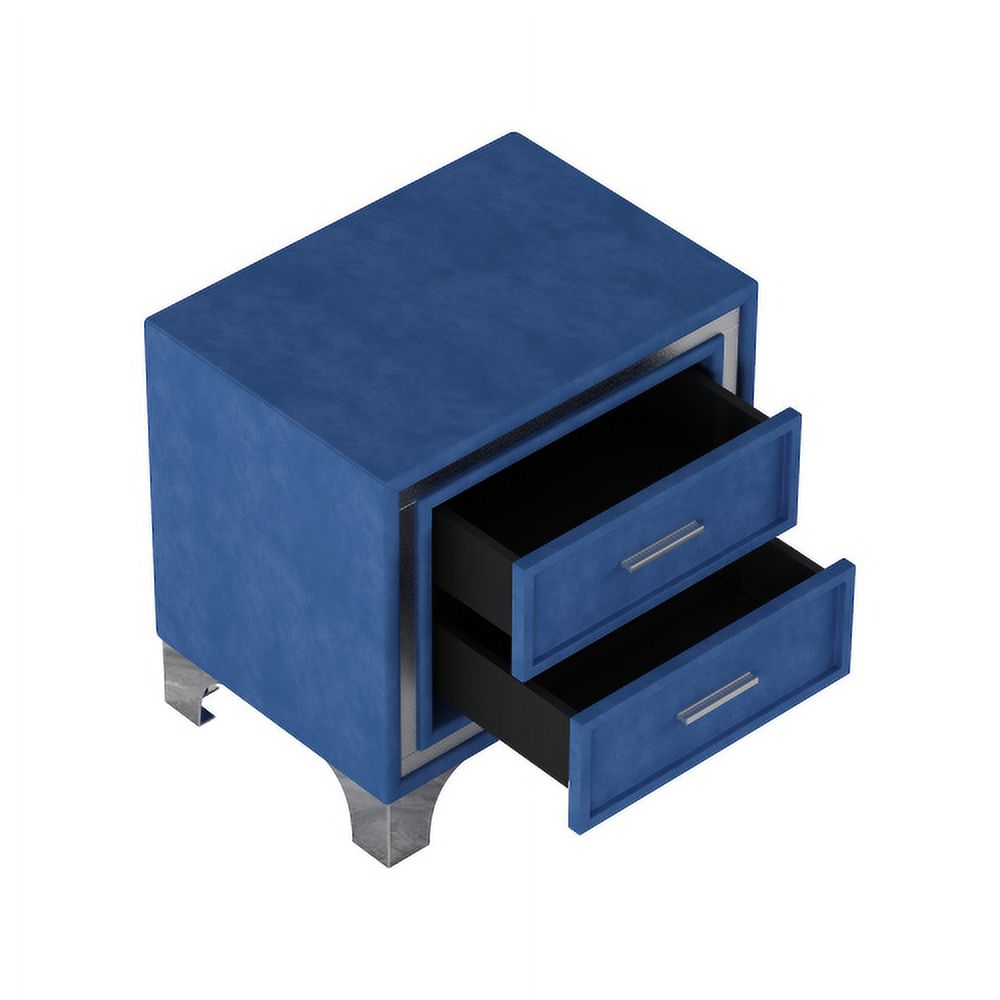 Nightstand with 2-Drawer, Mid-Century Bedside Table with Metal Legs, Velvet Bedside Table for Living Room, Bedroom, Blue