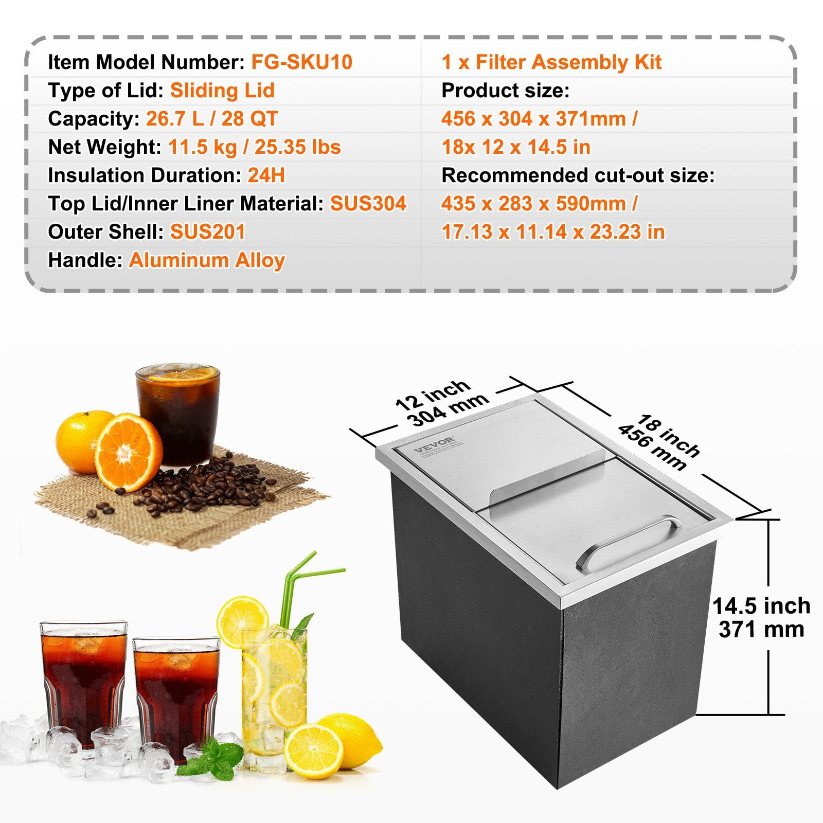 Drop-in Ice Chest, 18"L x 12"W x 14.5"H Stainless Steel Ice Cooler, 40.9 qt Commercial Ice Bin with Sliding Cover & Drain Plug, for Outdoor Kitchen, Bar, Beer, Wine Chilling