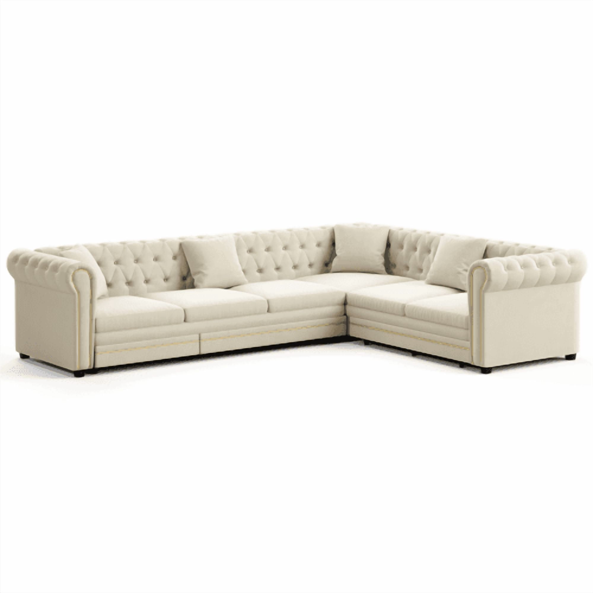 115.3" L-Shaped Velvet Sofa Bed, Button Tufted Pull-Out Sleeper, Gold Trim Rolled Arms, Beige