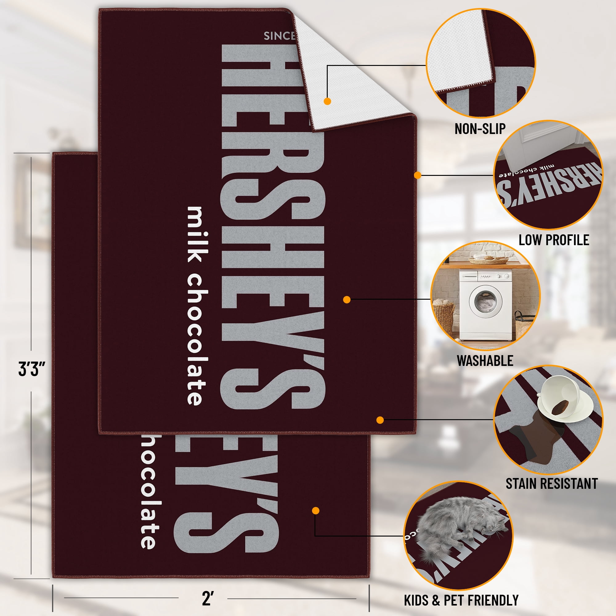 Ottomanson Hershey Logo Machine Washable Non-Slip Rubberback 2x3 Area Rug, 2'3" x 3', Brown