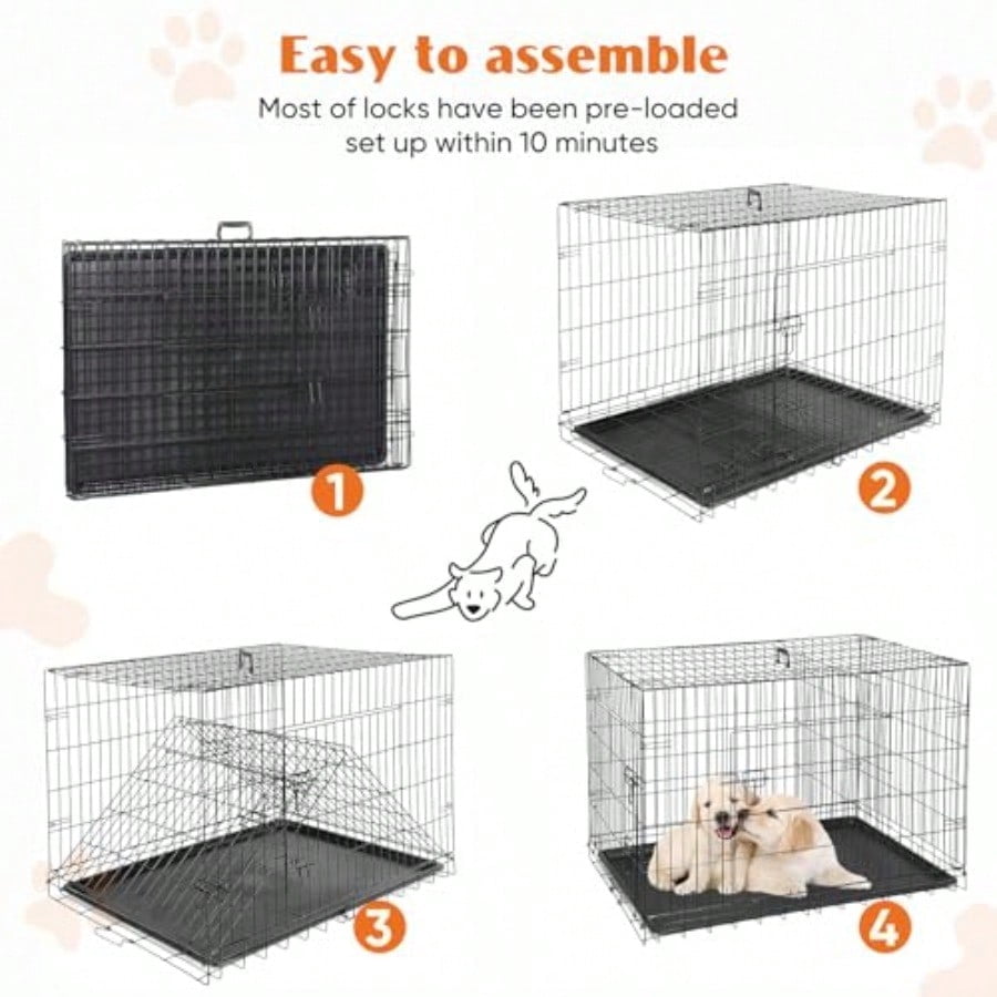 Large Dog Crate with Divider Panel 36 Inch Double Door Folding Metal Wire Dog Cage with Plastic Leak-Proof Pan Tray Pet Kennel for Indoor Outdoor Travel 36S
