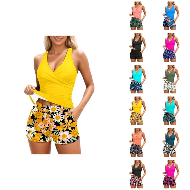 Womens Tankini Bathing Suits 2026 Casual Modest Deep V Neck Crossover Top with Swim Shorts Two Piece Bathing Suits for Women