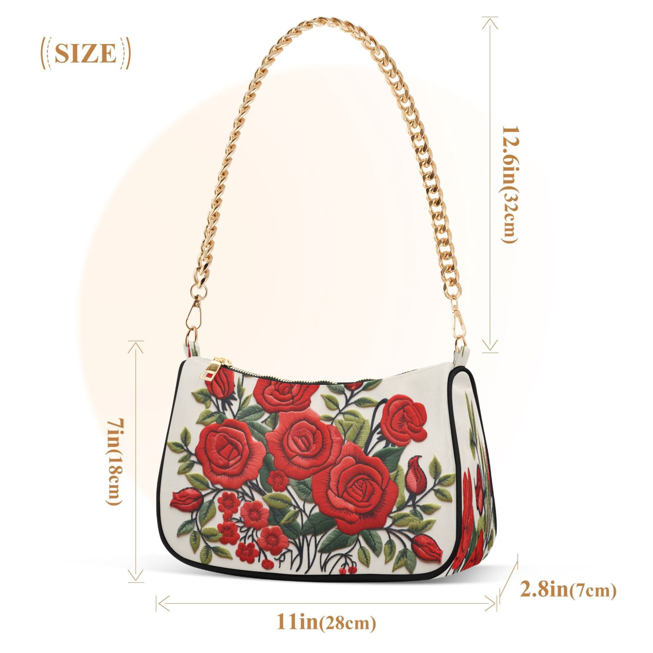 Ryvnso Red Roses Flowers Womens Chain Shoulder Bag Tote Handbags Clutch Hobo Purse with Zipper for Travel