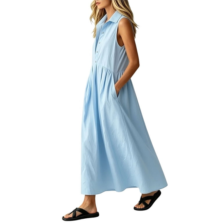 sleeveless cotton shirt dress Hinvhai Women's Cotton Sleeveless Shirt Dress Collared Button Down Solid Color Casual Long Maxi Dress with Pockets Light Blue Xl(xl)