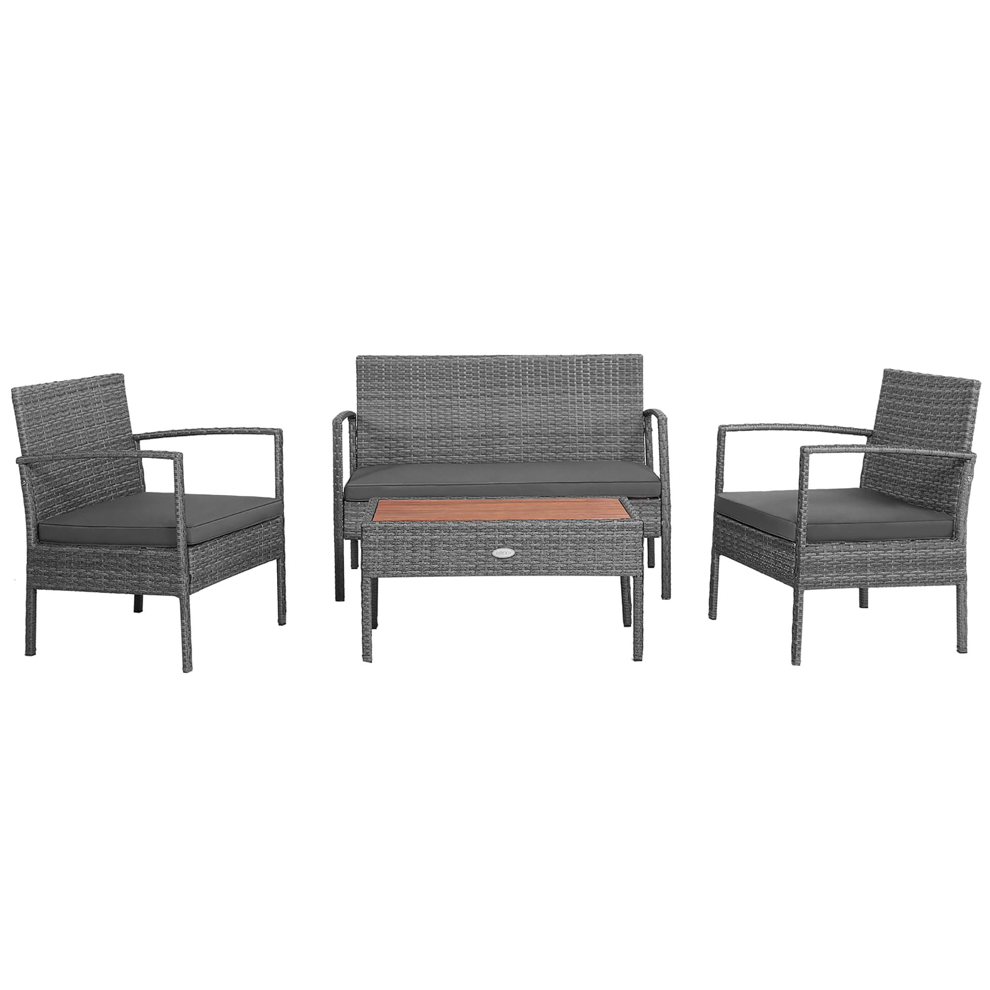 Costway 4-Piece Rattan Patio Furniture Set with Cushioned Chairs and Wooden Tabletop, Gray