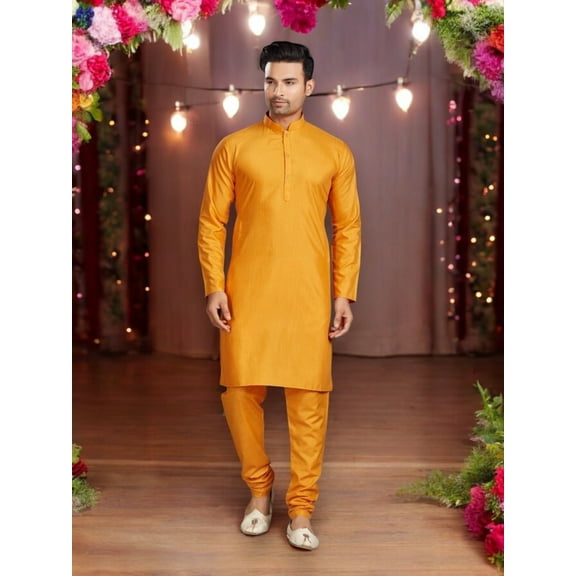 Yellow Kurta Pajama Set, Catalog 69003C,Traditional Cultural Wear for Mens
