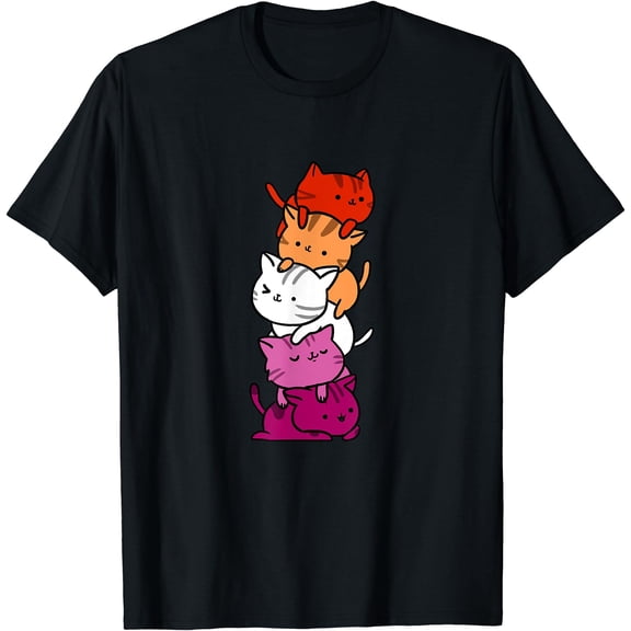 Kawaii Cartoon Cat Pile Orange Pink Lesbian Pride T-Shirt for Fun and Unique Style