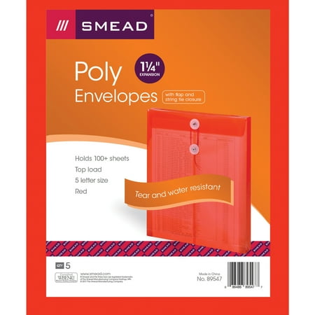 UPC: 0086486895477 | Smead  SMD89547  String Tie Closure Poly Envelopes  5 Per Pack  Red